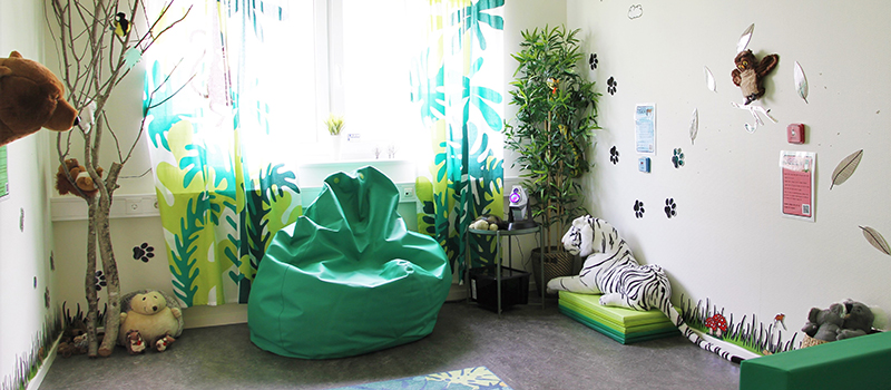 Bild på rum med sacco-säck, ett träd, en växt och olika djur som tiger, björn och uggla.