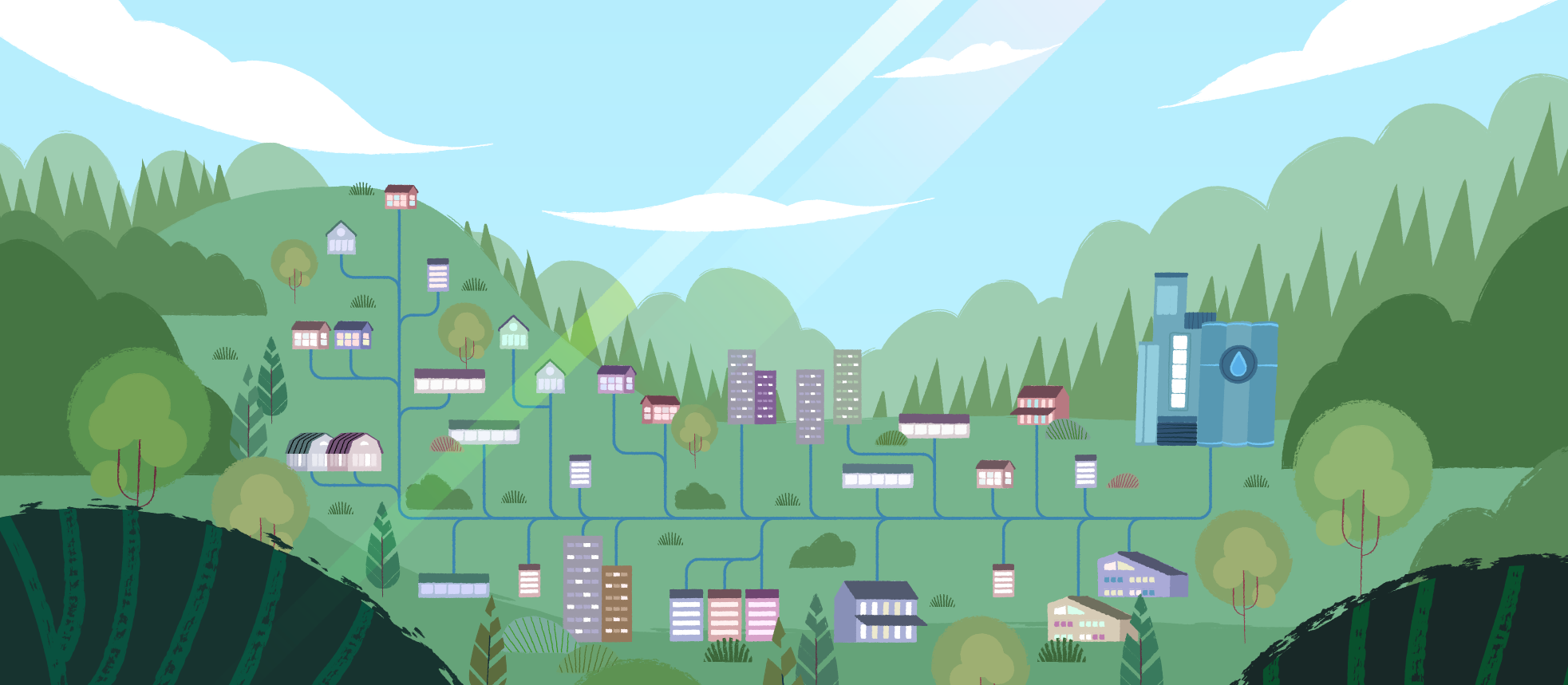 En illustration av ett grönt landskap med träd och blå himmel med moln. Det finns höga och låga hus utspridda i landskapet. Från husen går ledningar till det stora vattenverket.