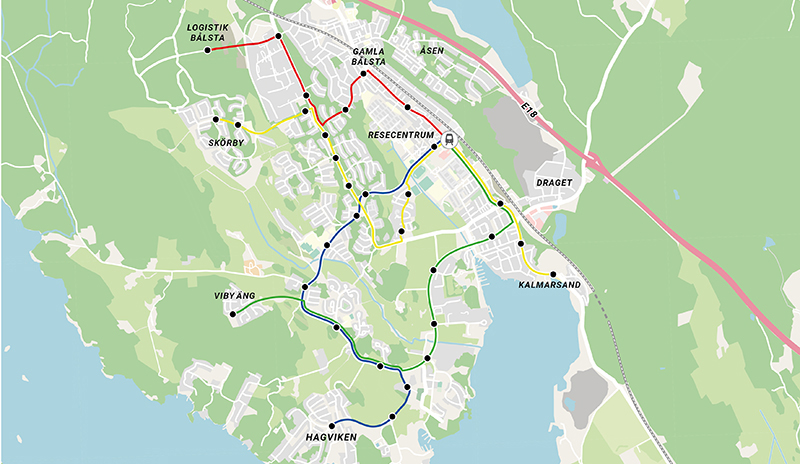 Karta över förslag på nytt busslinjenät i Bålsta