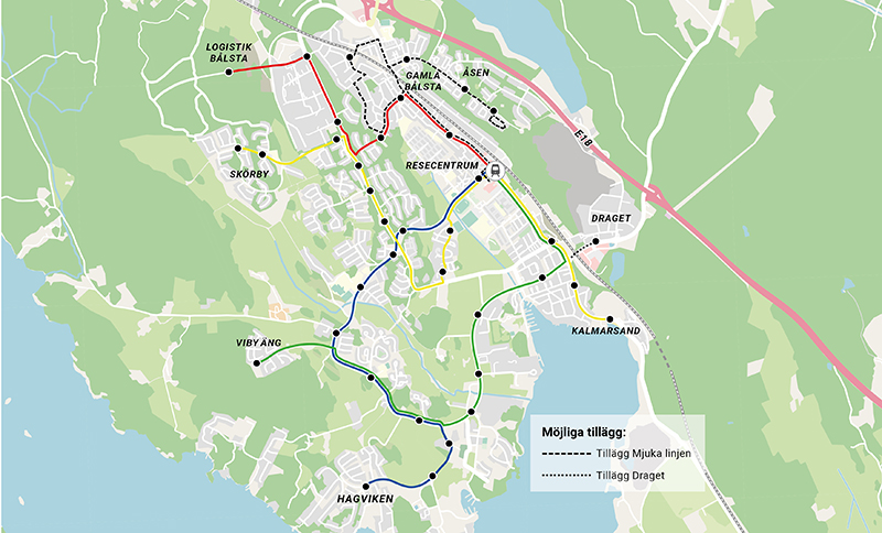 Karta med förslag på nytt busslinjenät i Bålsta med möjliga tillägg