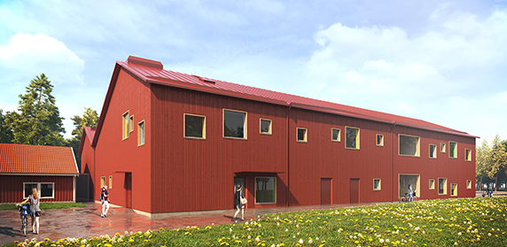 Illustration av tillbyggnaden: Rött trä hus med två våningar. Fönster i olika storlekar och nivåer. Gående människor runt huset