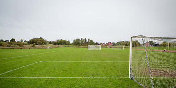 Fotbollsmål på en gräsplan