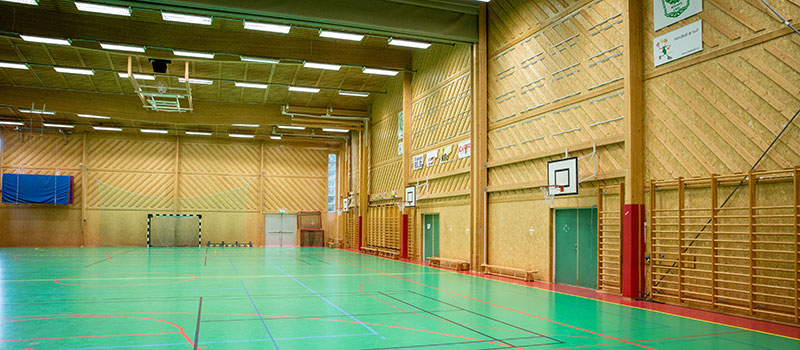 Sporthall med grönt golv, ribbstolar,  mål och basketkorgar
