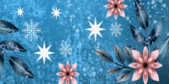 Blå bakgrund med stjärnor, snöflingor och blommor