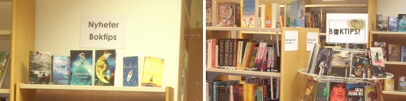 Två bilder med en rund bokhylla och en vanlig bokhylla med böcker på översta hyllorna och med skyltar nyheter och boktips