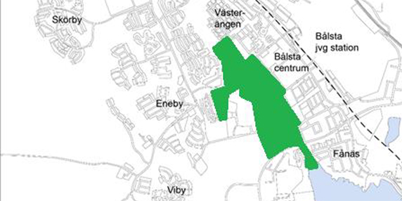Karta som visar den planerade ytan för den nya stadsparken i Gröna dalen