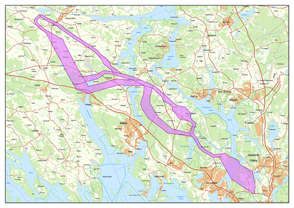 Karta med rosa markering av utredningskorridorer för ny elledning