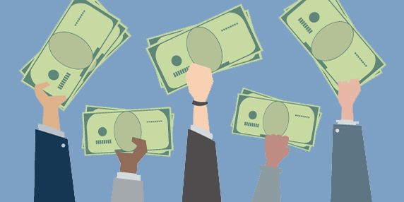 Tecknad bild med händer som håller i pengar, på en blå bakgrund.