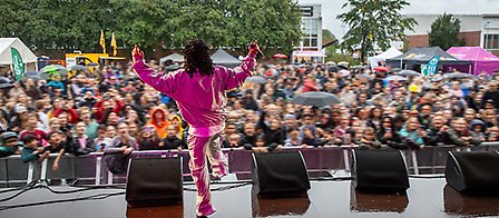 Person på scenen bakifrån och ett stort publikhav