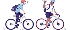 Illustration med två personer som cyklar efter varandra och den som är först vänder sig om och visar tummen upp.