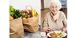 Ett par papperspåsar med livsmedel, mest frukt och grönsaker, och en äldre kvinna med en måltid framför sig